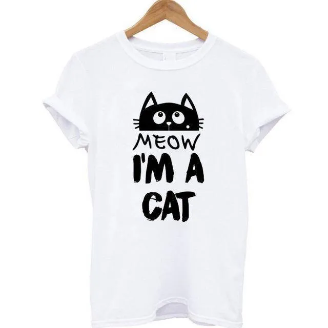 100% Cotton Meow Print Women Cat T shirt