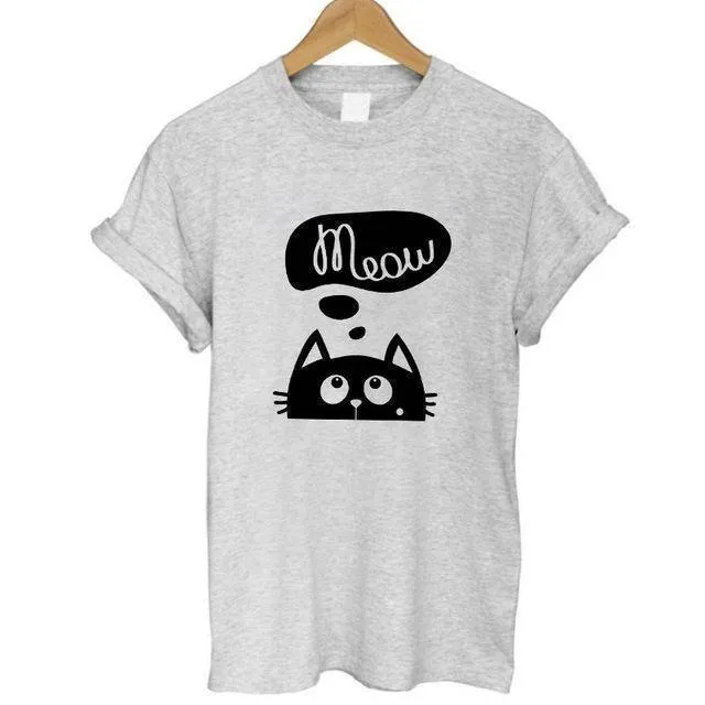 100% Cotton Meow Print Women Cat T shirt