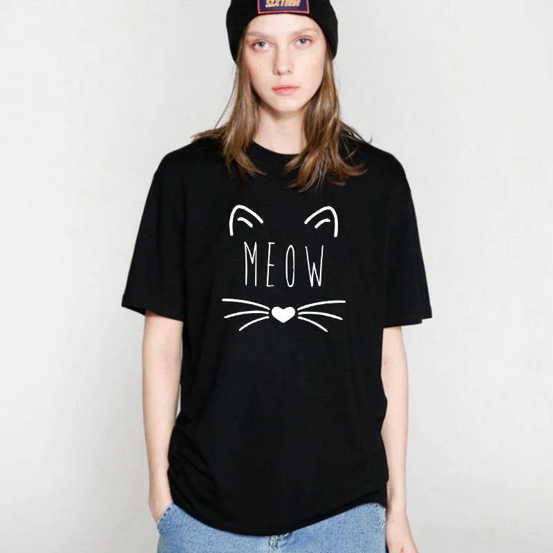 100% Cotton Meow Print Women Cat T shirt