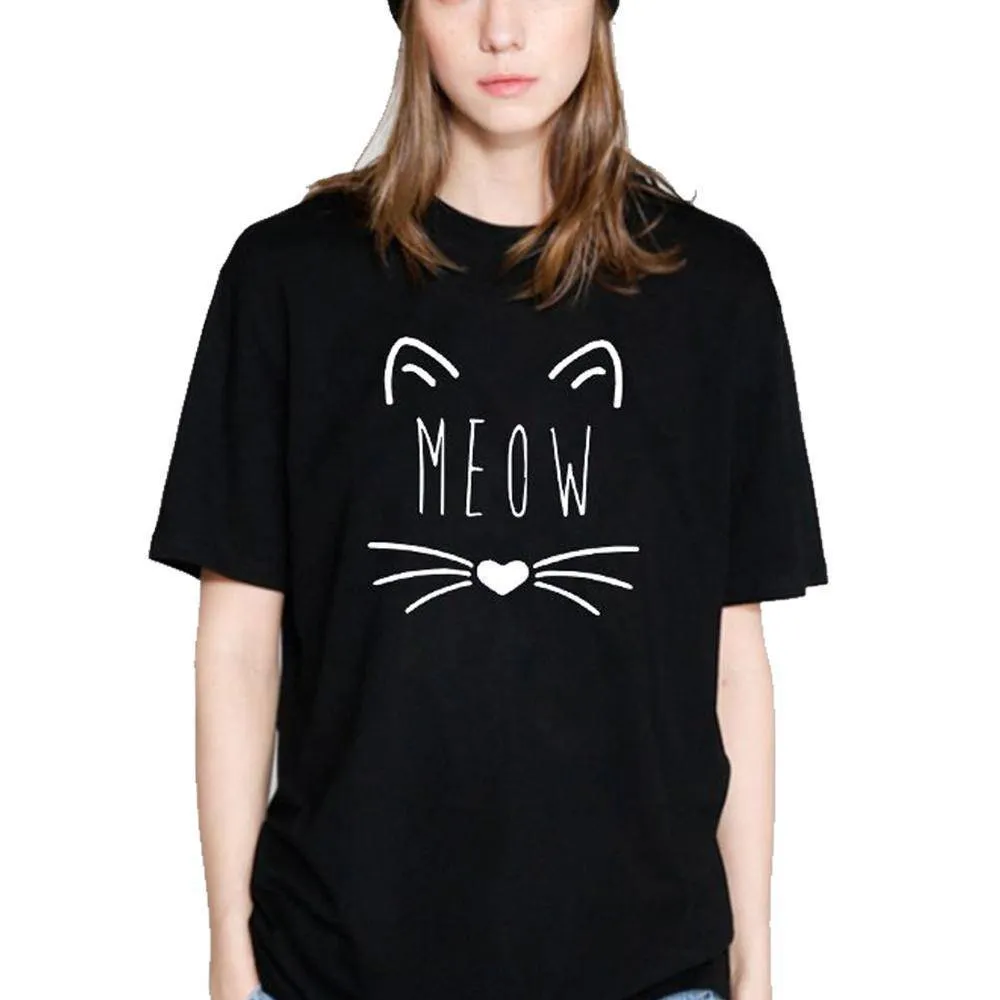 100% Cotton Meow Print Women Cat T shirt