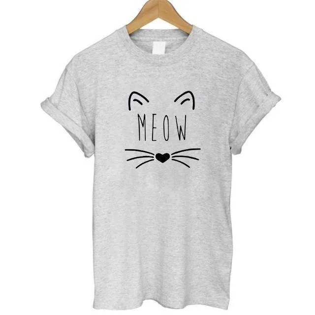 100% Cotton Meow Print Women Cat T shirt