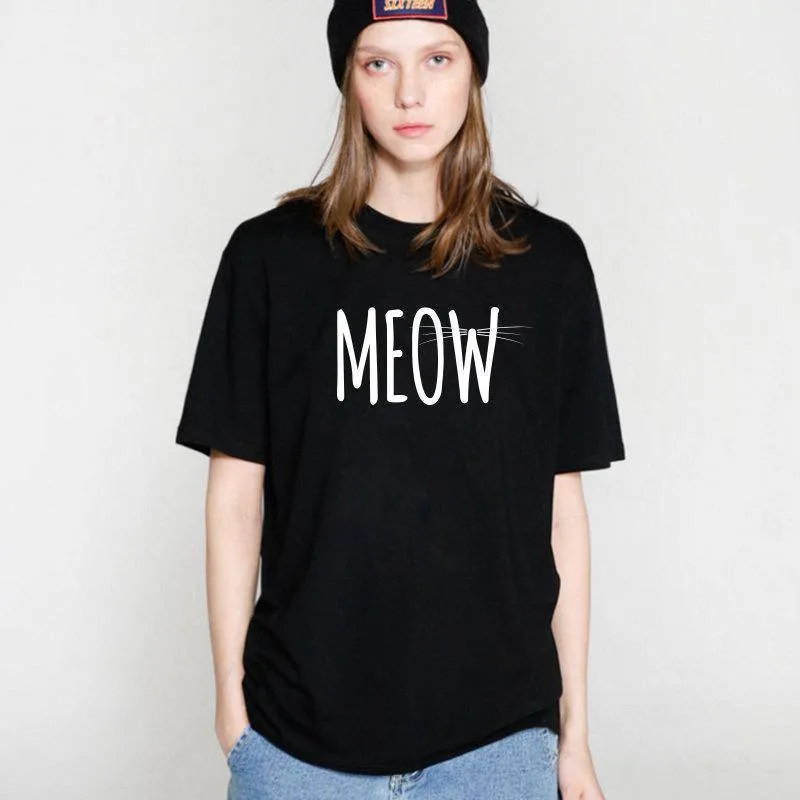 100% Cotton Meow Print Women Cat T shirt