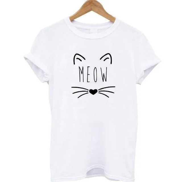 100% Cotton Meow Print Women Cat T shirt