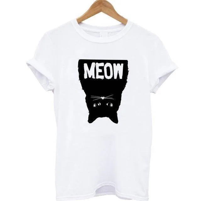 100% Cotton Meow Print Women Cat T shirt