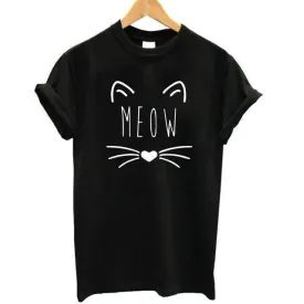 100% Cotton Meow Print Women Cat T shirt