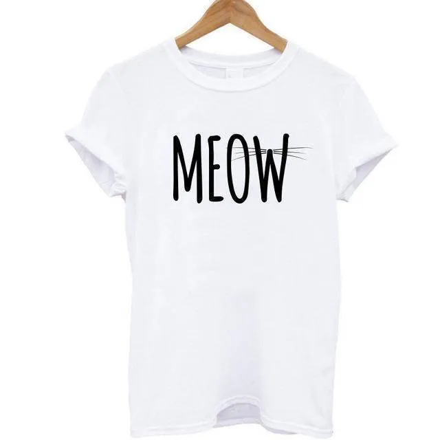 100% Cotton Meow Print Women Cat T shirt