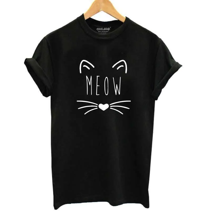 100% Cotton Meow Print Women Cat T shirt