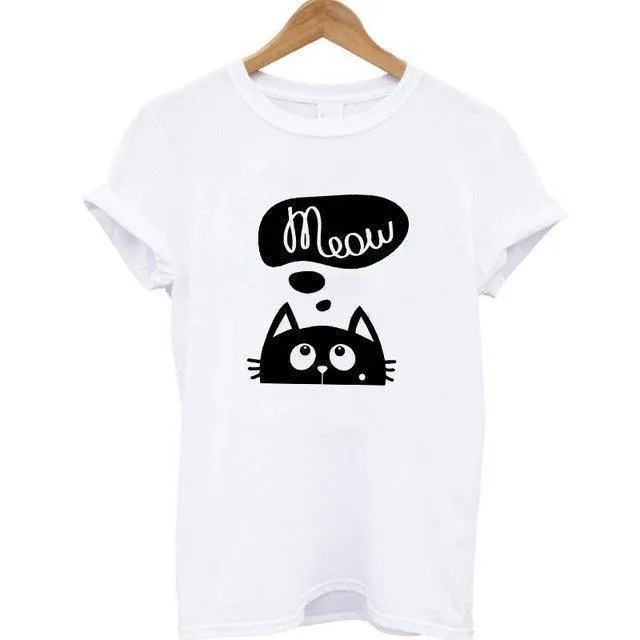 100% Cotton Meow Print Women Cat T shirt