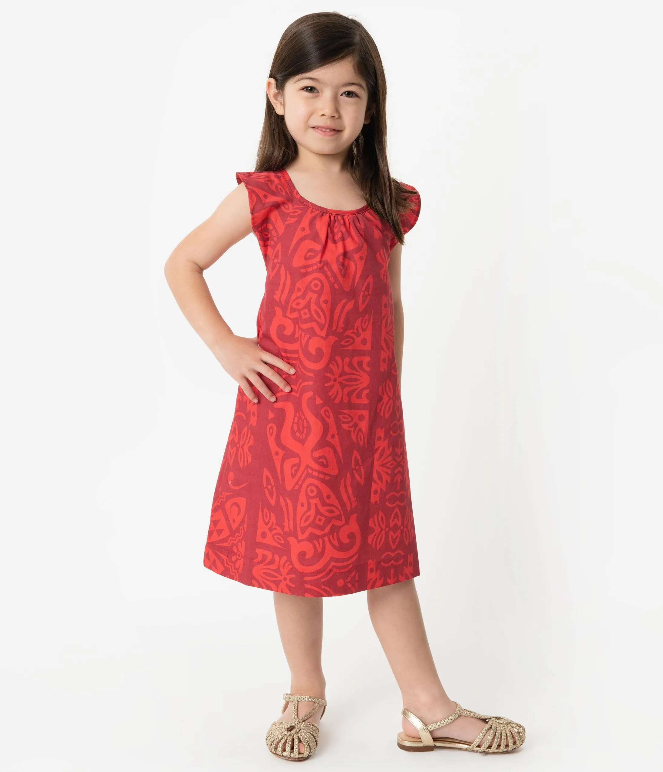 Alfred Shaheen Red Tiki Pareau Print Hawaiian Childrens Dress