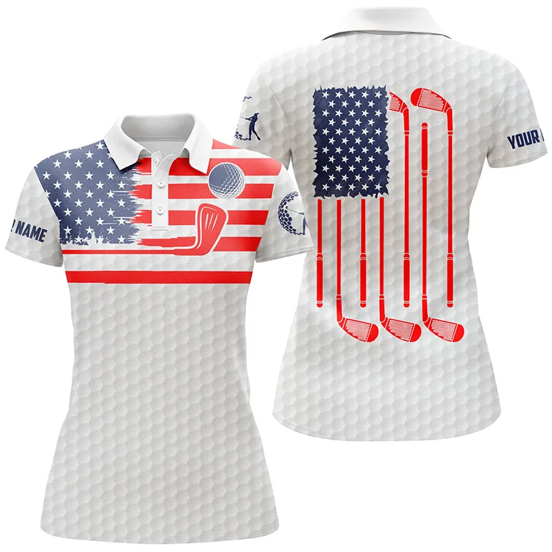 American Flag Patriotic Womens Golf Polo Shirt Custom Name White Golf Polo Shirt, Unique Golf Gifts