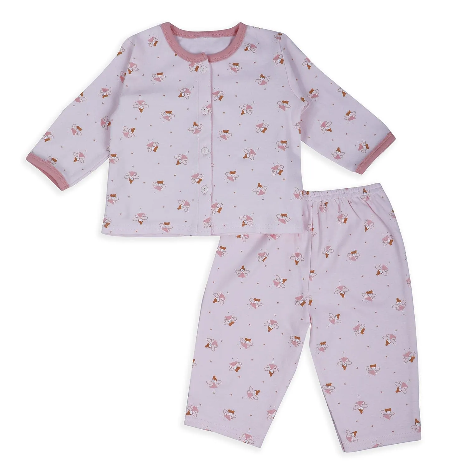 Baby Moo Fairy Print Soft Cotton Full Sleeves Top And Pyjama 2pcs Night Suit - Pink