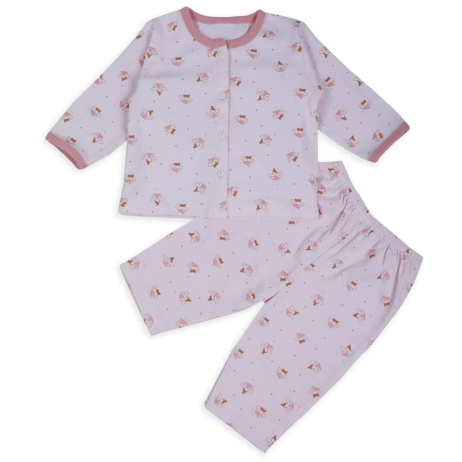 Baby Moo Fairy Print Soft Cotton Full Sleeves Top And Pyjama 2pcs Night Suit - Pink