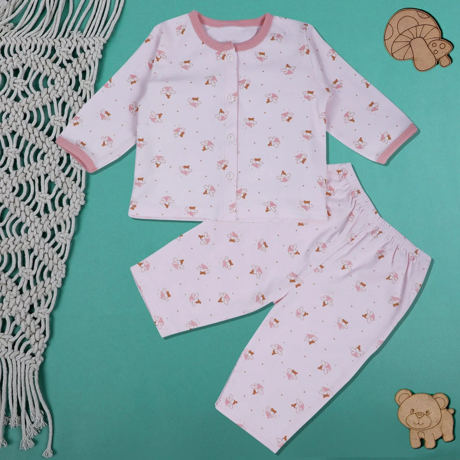 Baby Moo Fairy Print Soft Cotton Full Sleeves Top And Pyjama 2pcs Night Suit - Pink