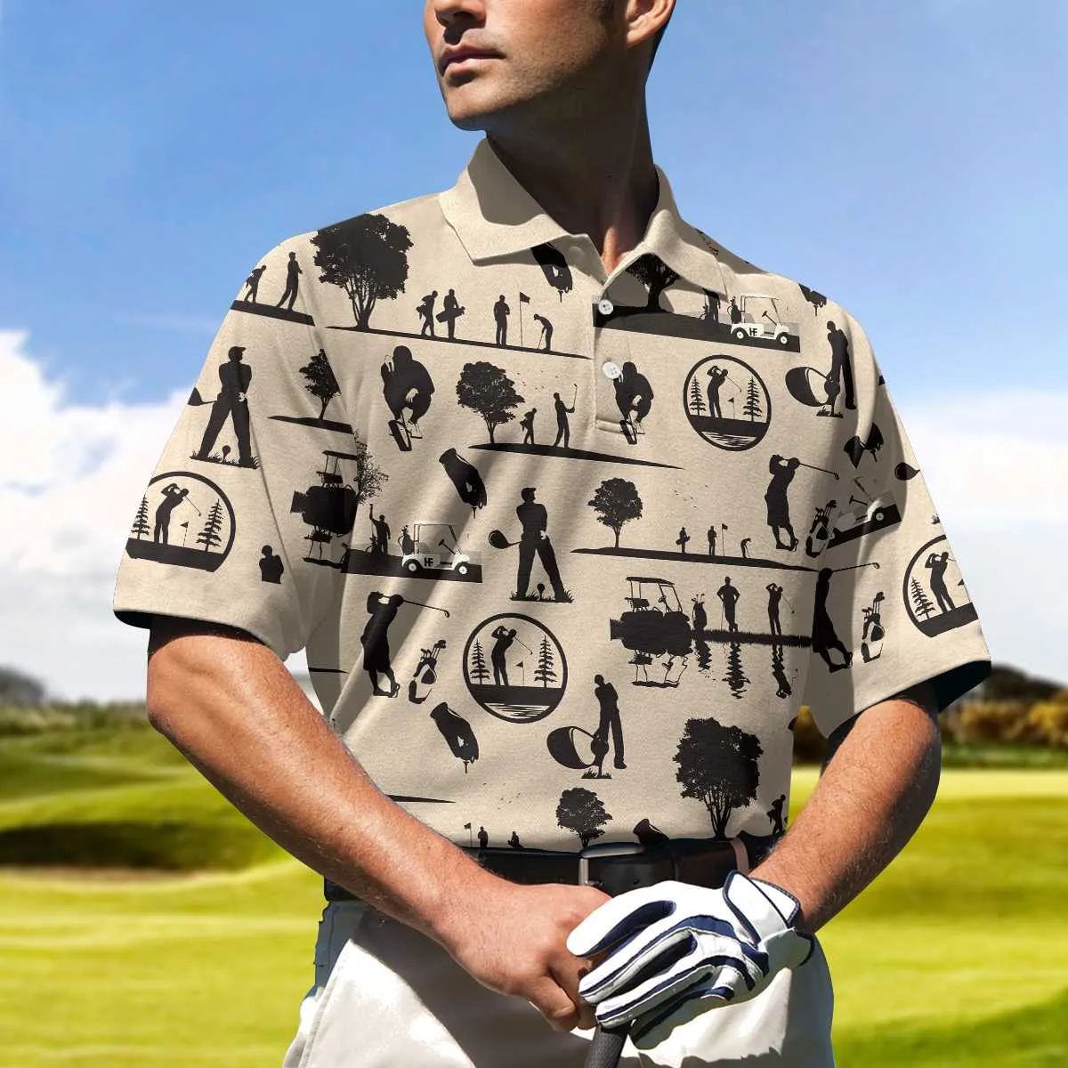 Beige Vintage Silhouette Golfers All Over Print Polo Shirt, Cream Polo Shirt, Best Golf Shirt For Men Coolspod