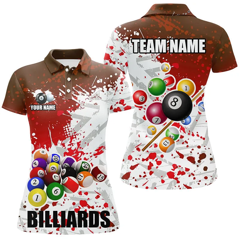 Billiard Red and Purple Billiard Balls Paint Splas Customized Name, Team Name 3D Polo Shirt For Women