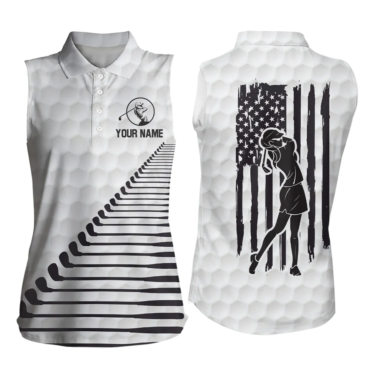 Black White American Flag Golf Polo Shirts Custom Patriotic Golf Shirts For Women Golf Clubs