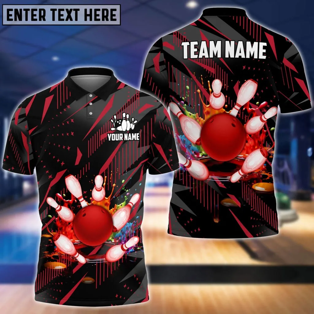 Bowling & Pins Classic Fireworks Multicolor Option Customized Name, Team Name 3D Polo Shirt