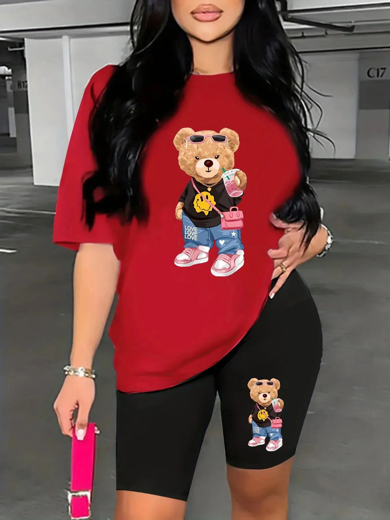 Cartoon Bear T-shirt and Snug-fit Shorts