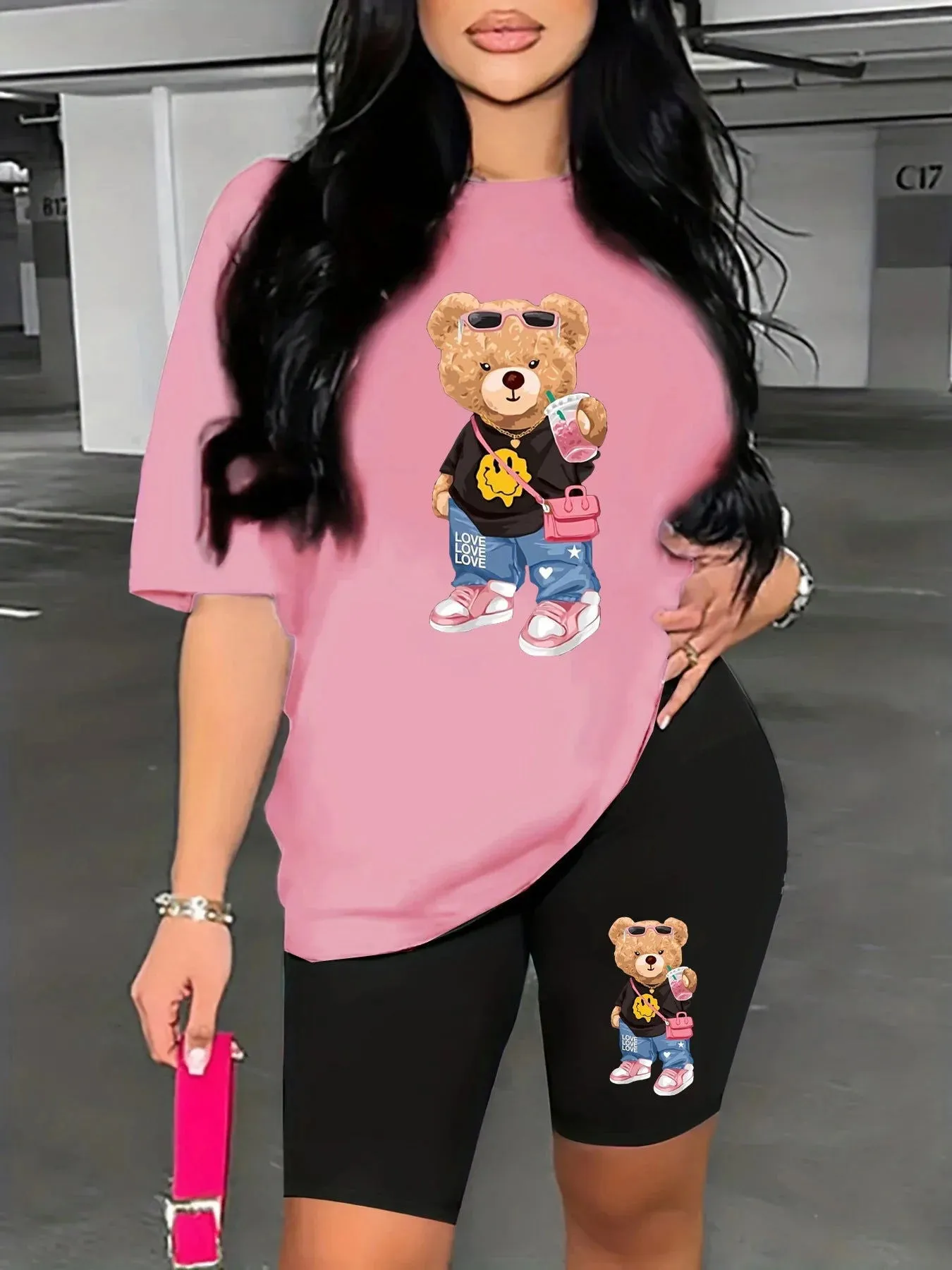 Cartoon Bear T-shirt and Snug-fit Shorts