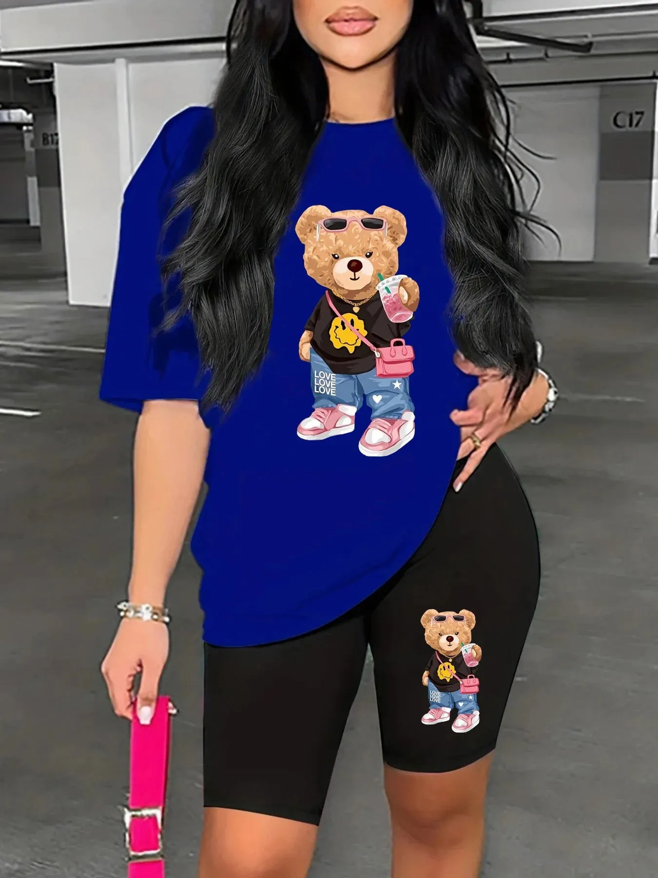 Cartoon Bear T-shirt and Snug-fit Shorts