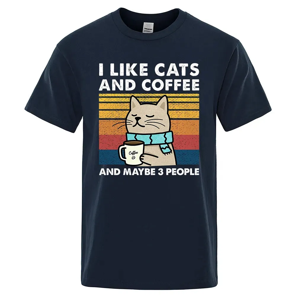 Christian T-Shirt, Animal T-Shirt I Like Cats And Coffee Street Funny T-Shirt For Men Fashion Casual Loose Cotton Clothing Crewneck Breathable Tshirt Hip Hop Tees, Cat T-Shirt, CAB05022324.