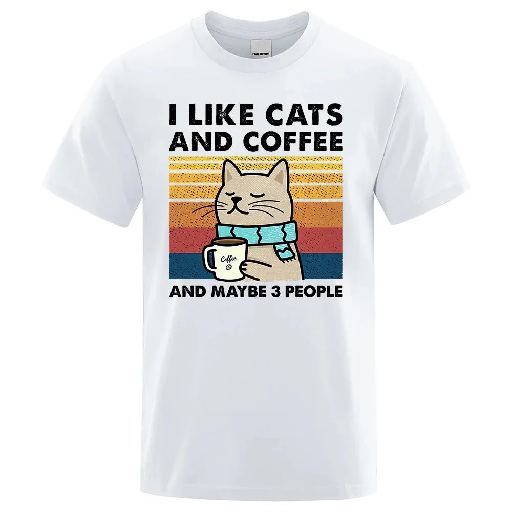 Christian T-Shirt, Animal T-Shirt I Like Cats And Coffee Street Funny T-Shirt For Men Fashion Casual Loose Cotton Clothing Crewneck Breathable Tshirt Hip Hop Tees, Cat T-Shirt, CAB05022324.