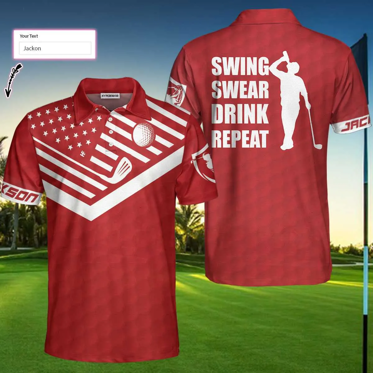 Custom Red Polo Golf Shirt, Swing Swear Drink Repeat Sunday, Gift For Golfer Coolspod