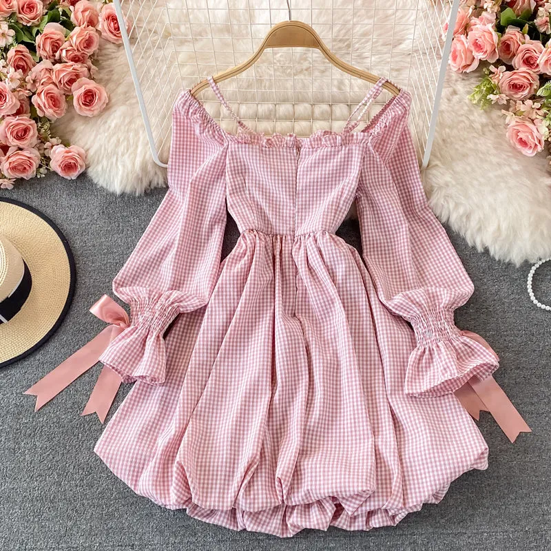 Cute checkered bow long sleeve dress fashion dress     S250