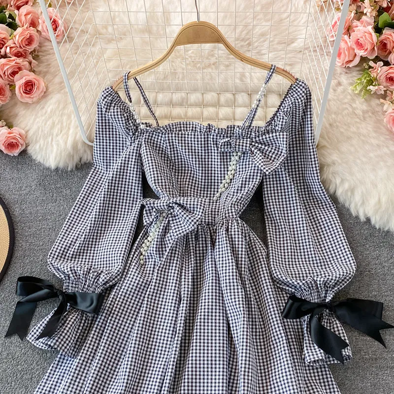 Cute checkered bow long sleeve dress fashion dress     S250