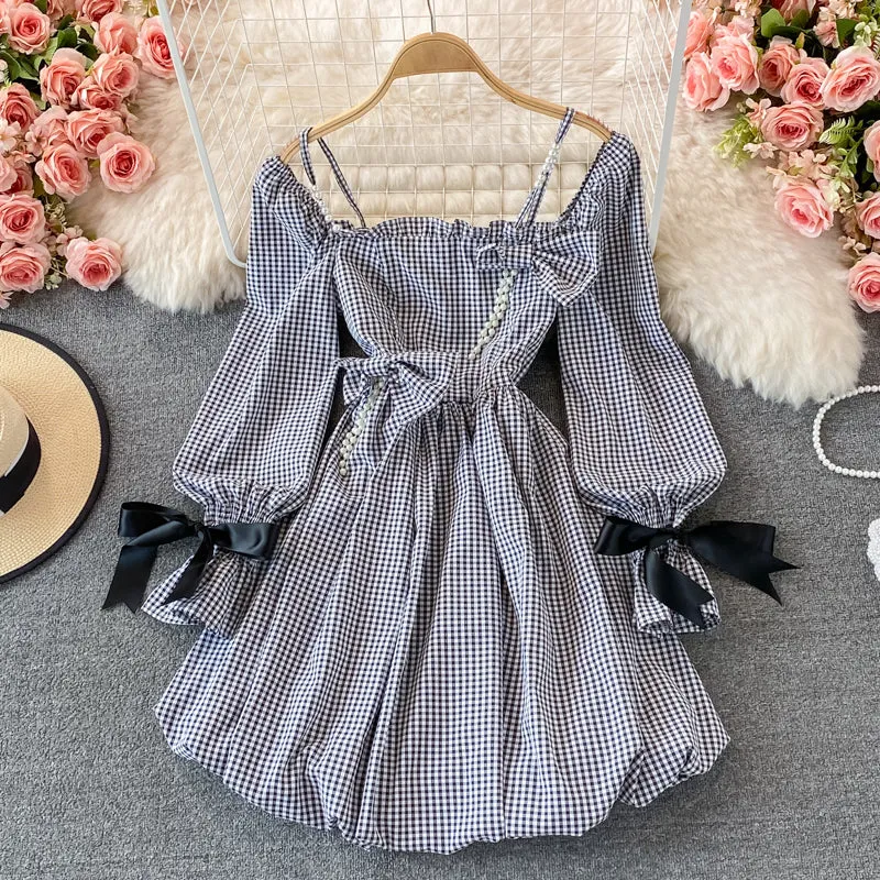 Cute checkered bow long sleeve dress fashion dress     S250