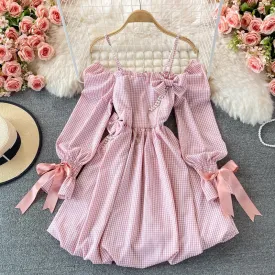 Cute checkered bow long sleeve dress fashion dress     S250