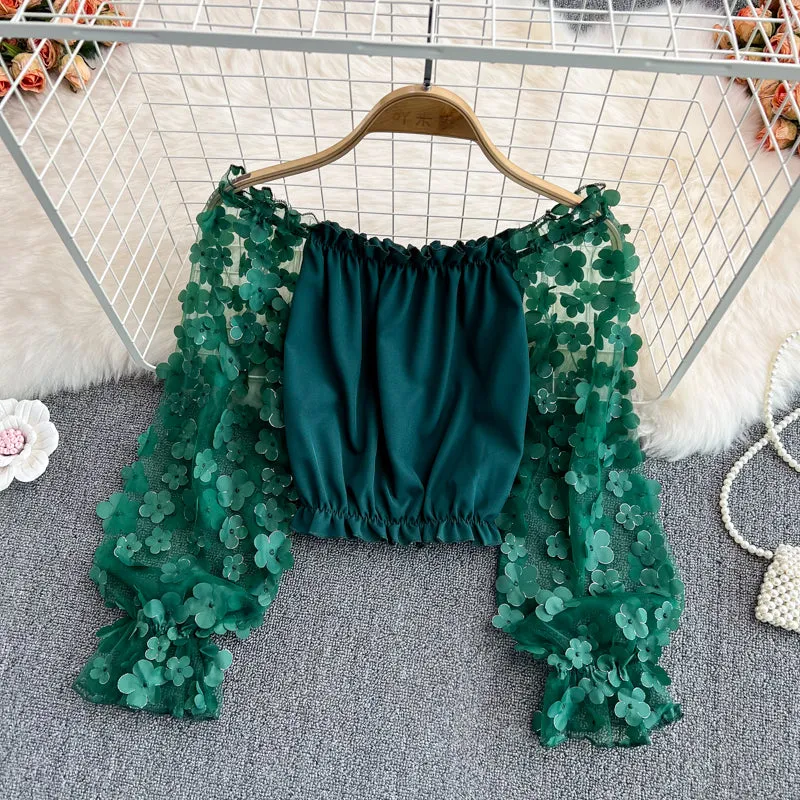 Cute Chiffon Flower Long Sleeve Top Crop Tops    S529