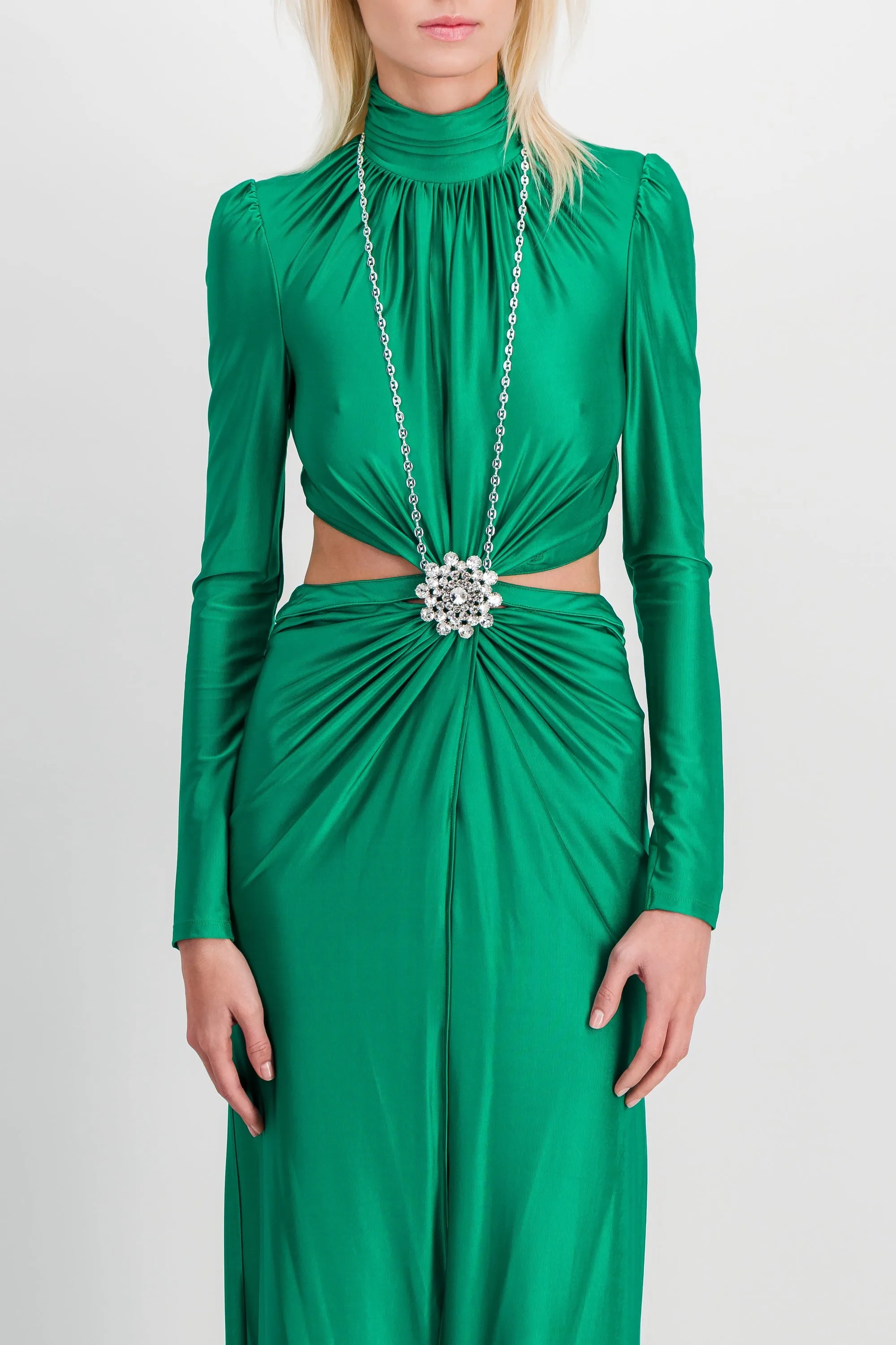 Draped cut-out maxi dress with crystal brooch