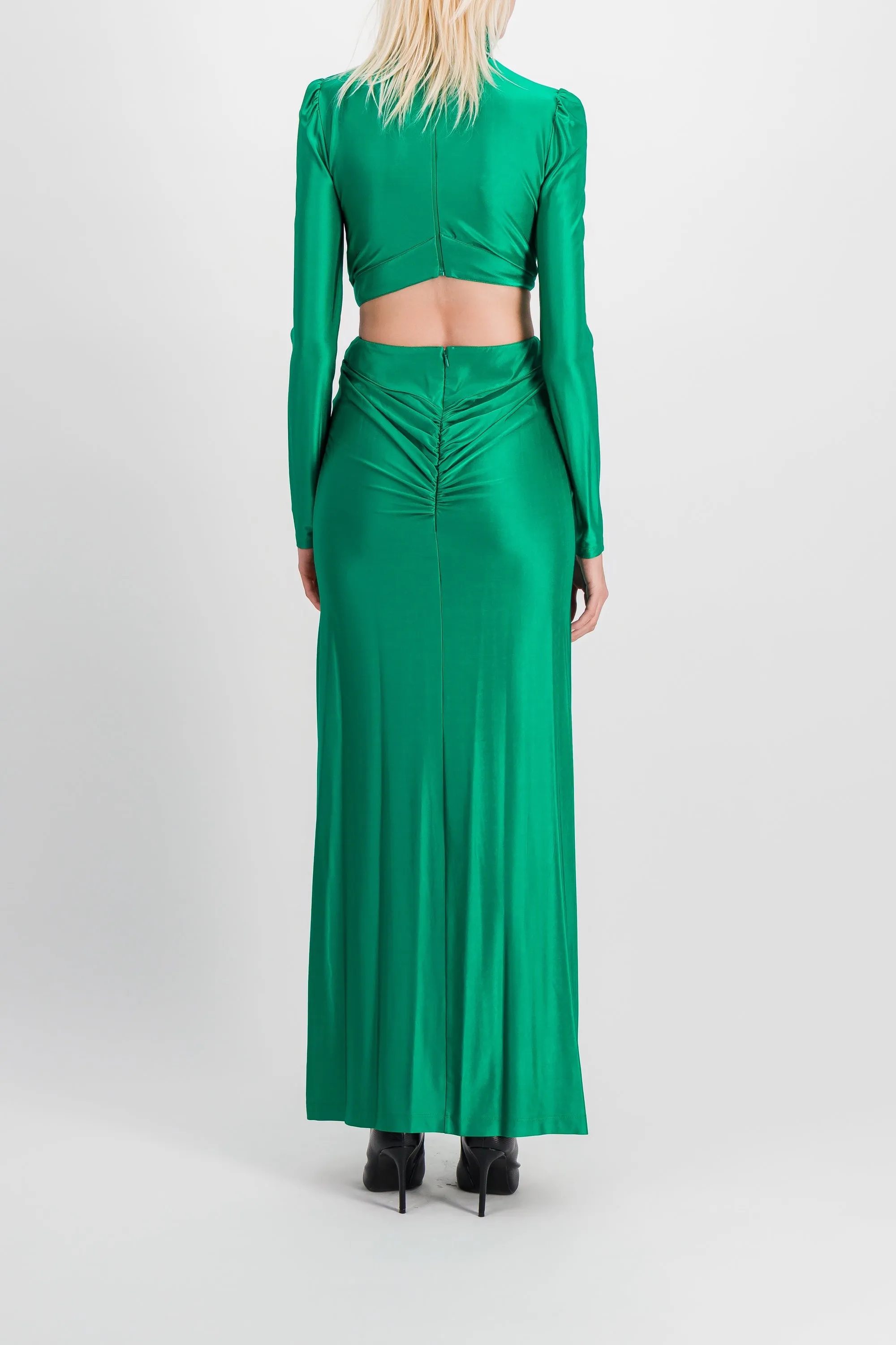 Draped cut-out maxi dress with crystal brooch