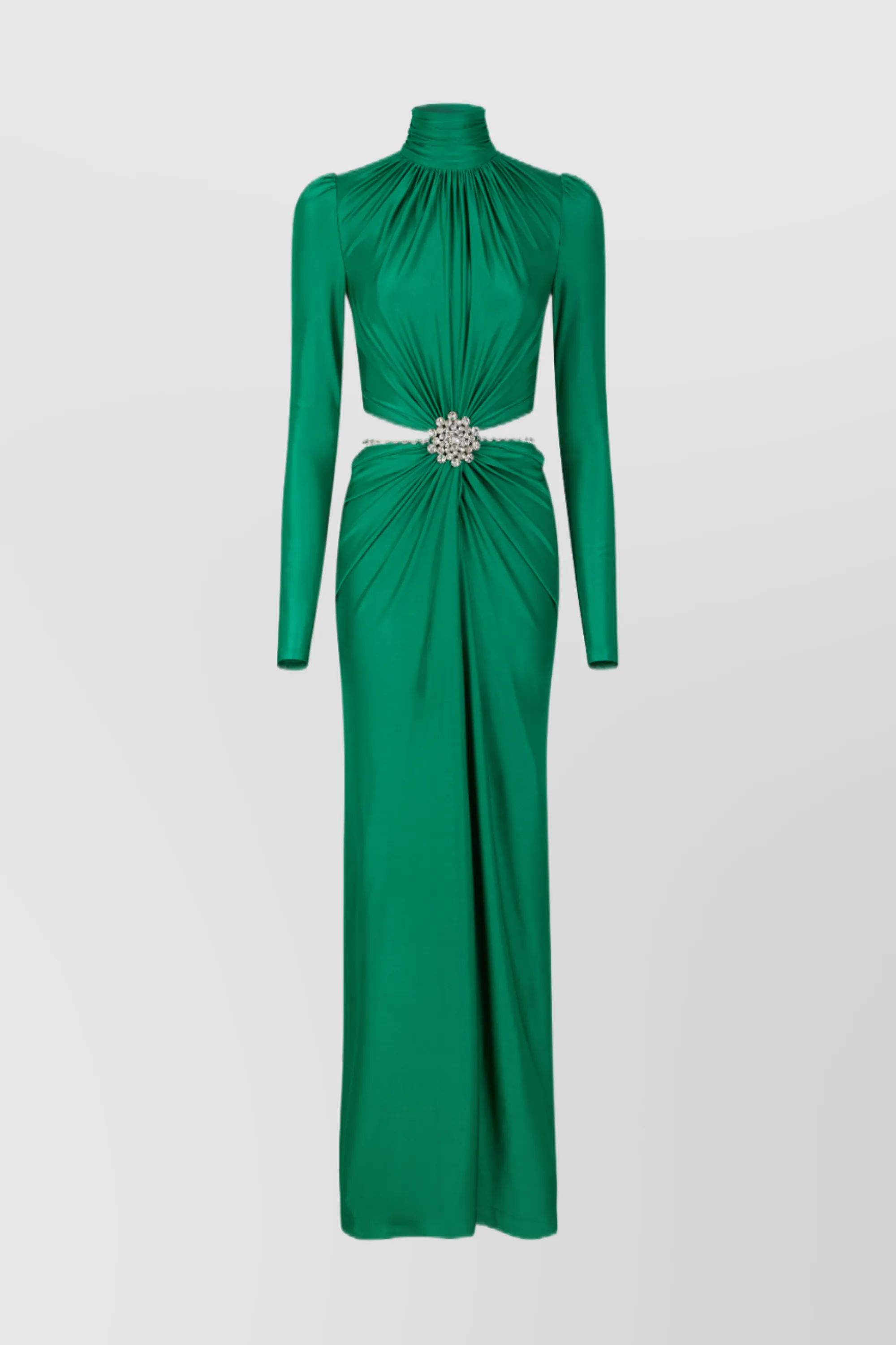 Draped cut-out maxi dress with crystal brooch