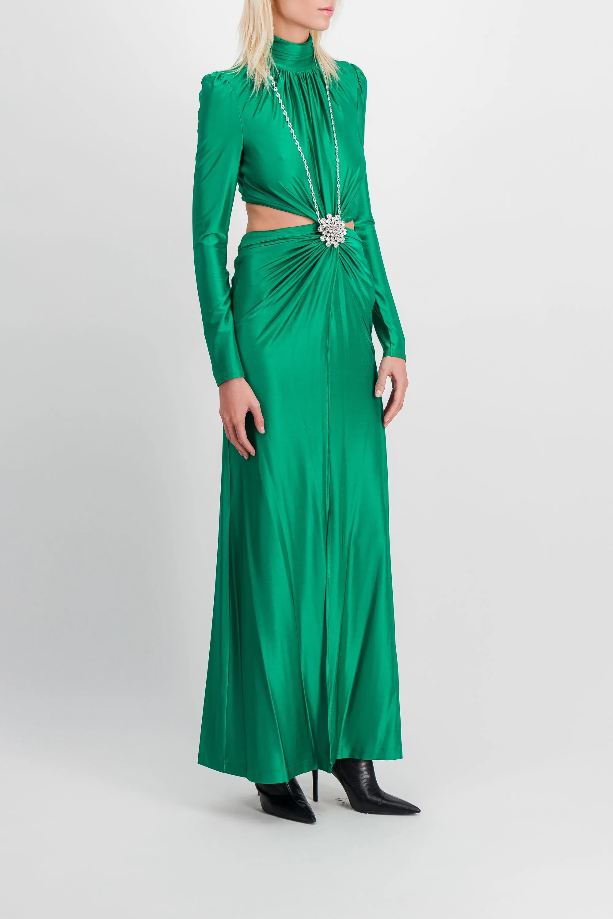 Draped cut-out maxi dress with crystal brooch