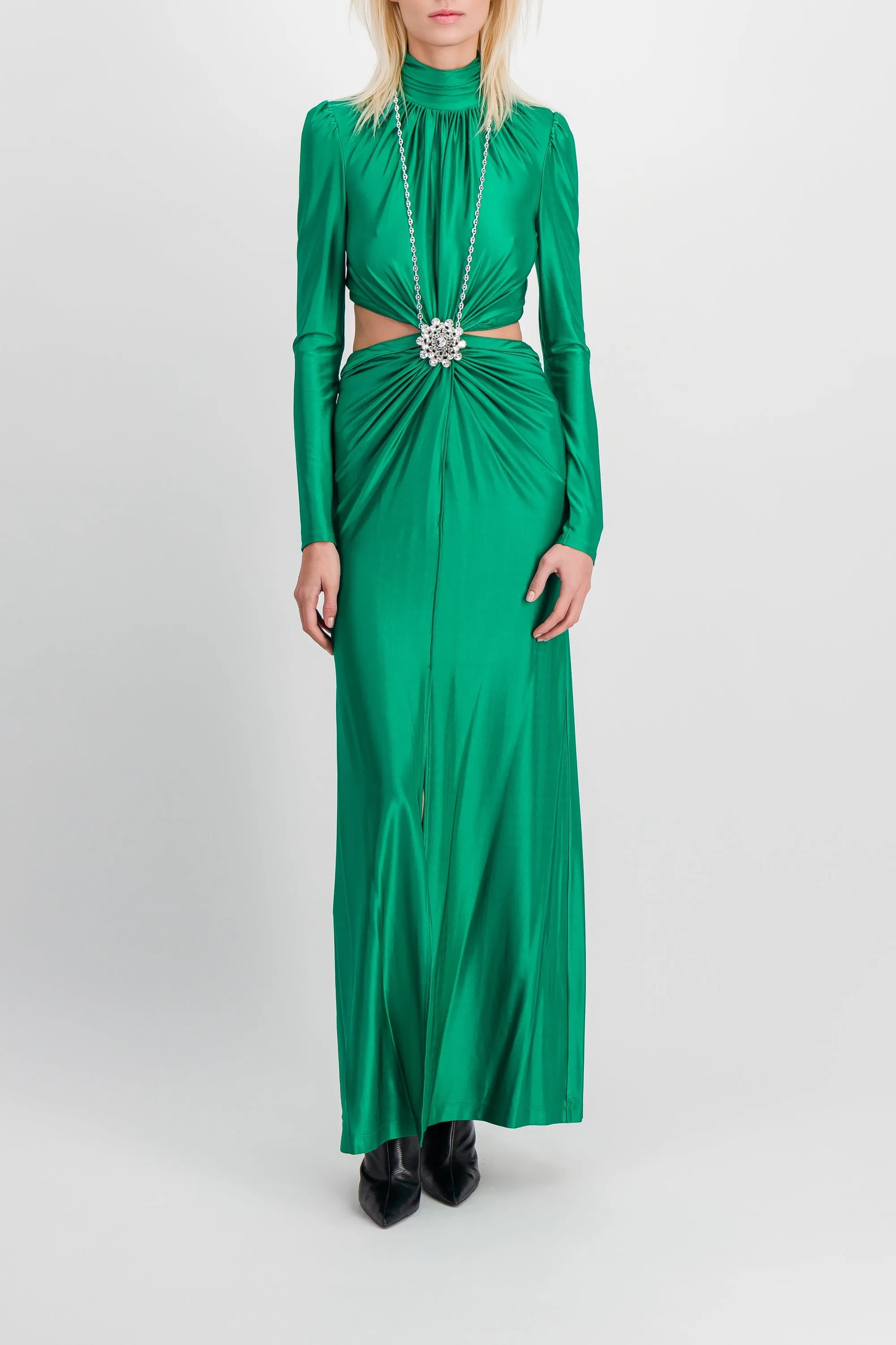 Draped cut-out maxi dress with crystal brooch