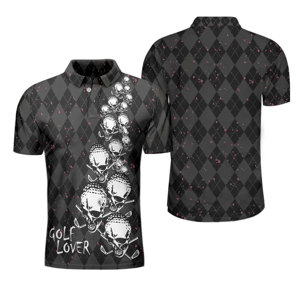 Elegant Argyle Pattern And Skull Golf Lover Polo Shirt, Black Skull Golf Shirt For Men Coolspod