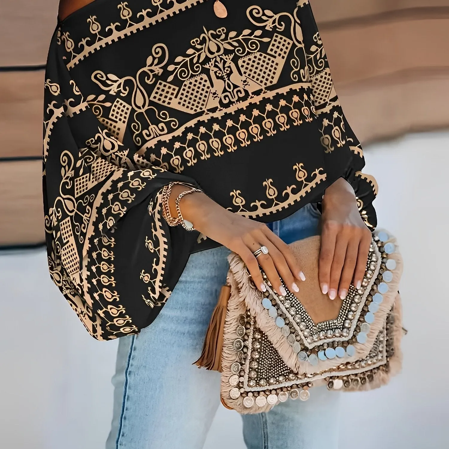 Ethnic Print Off Shoulder Blouse Bohemian Batwing for Women