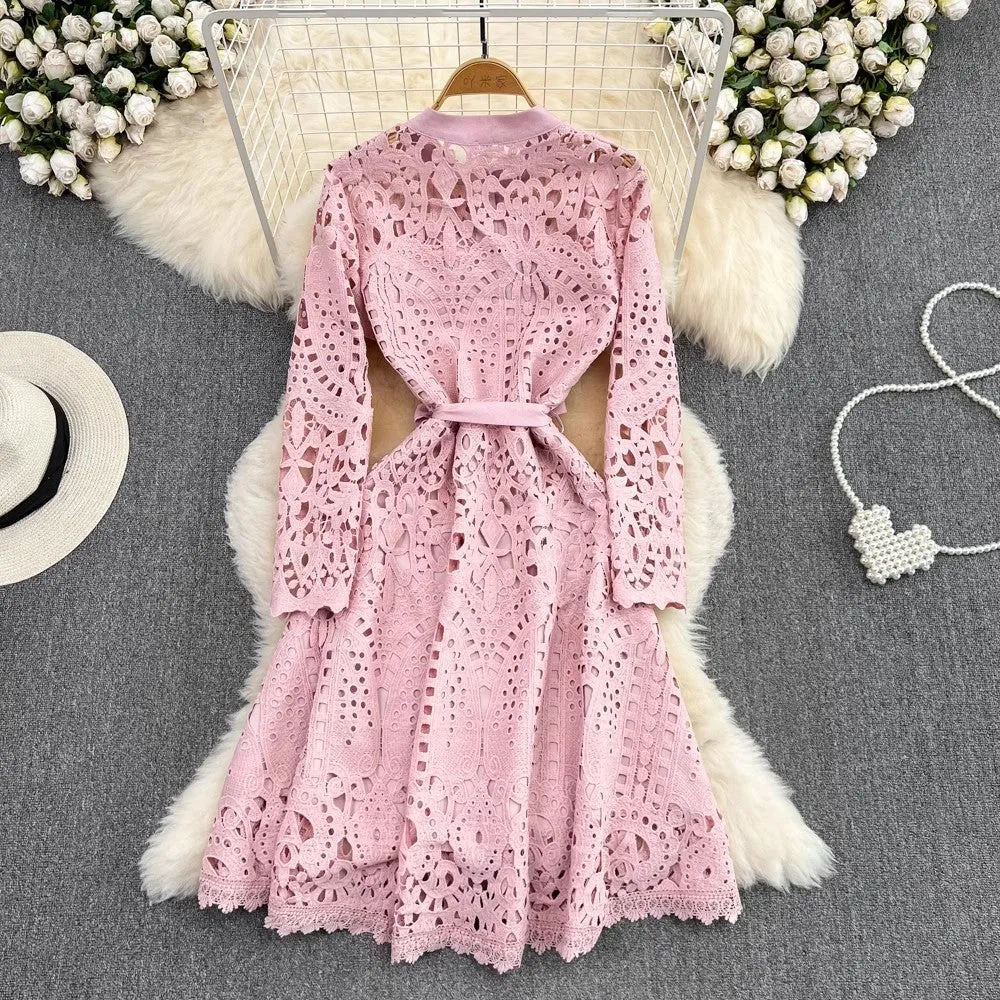 fashionable long-sleeved lace dress elegant long skirt      S4069