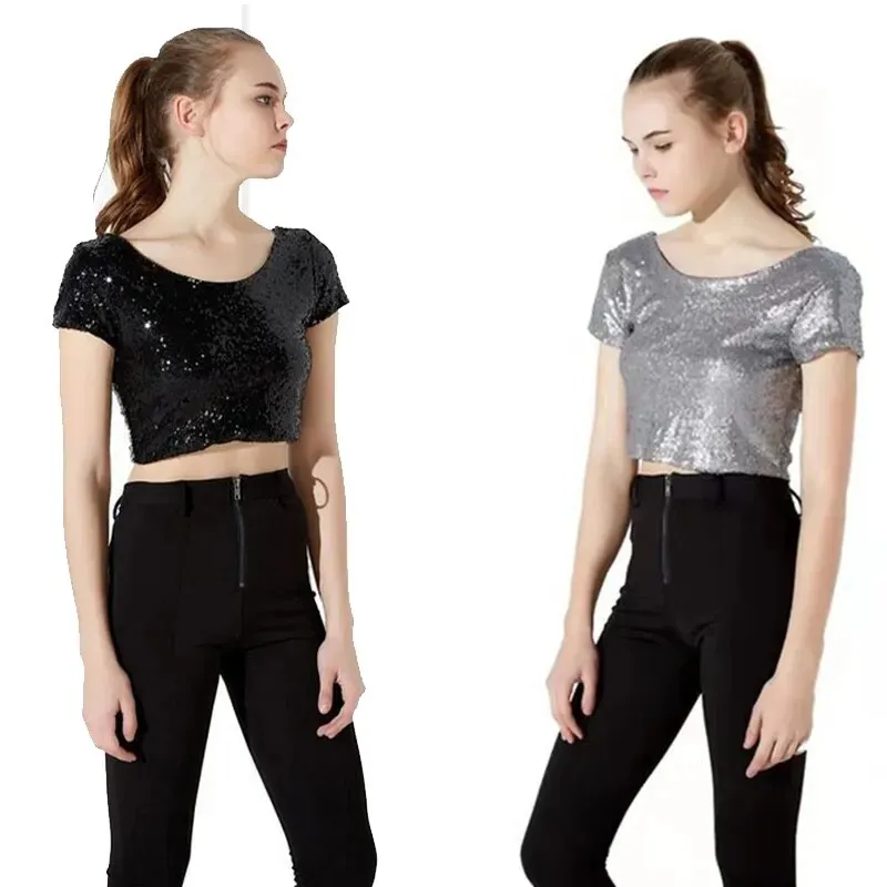 Female Solid Sequins Round Neck Crop Tops