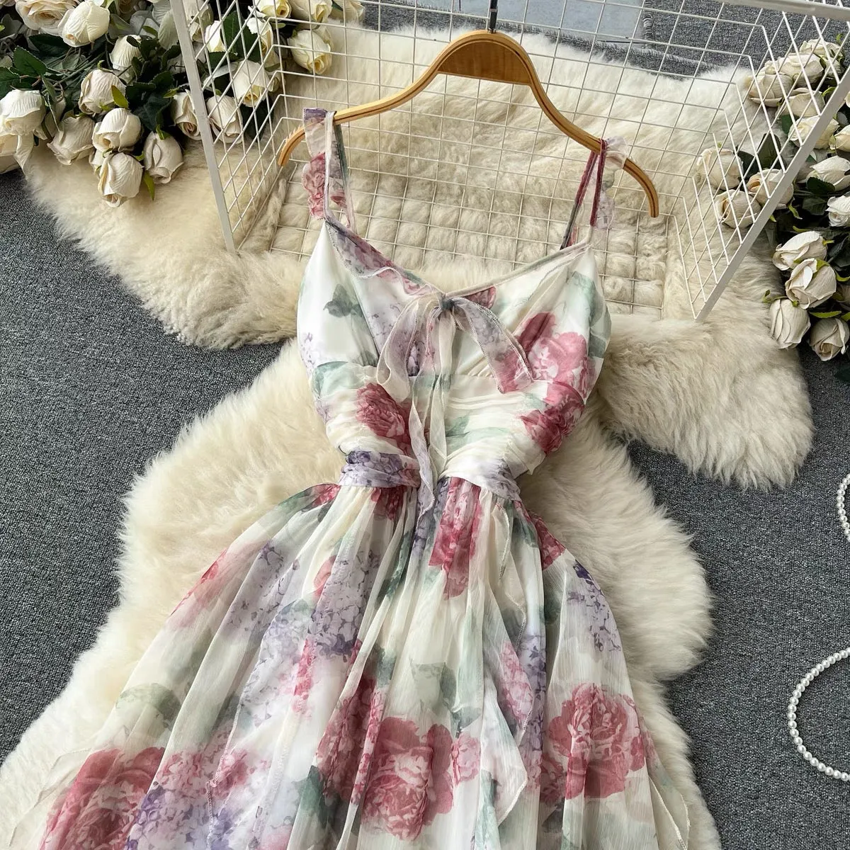 Floral Dress,  Strap V-neck Dress  S4435