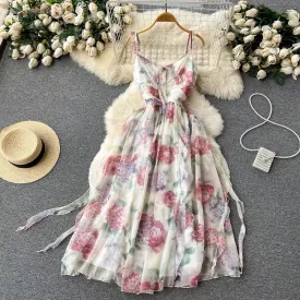 Floral Dress,  Strap V-neck Dress  S4435