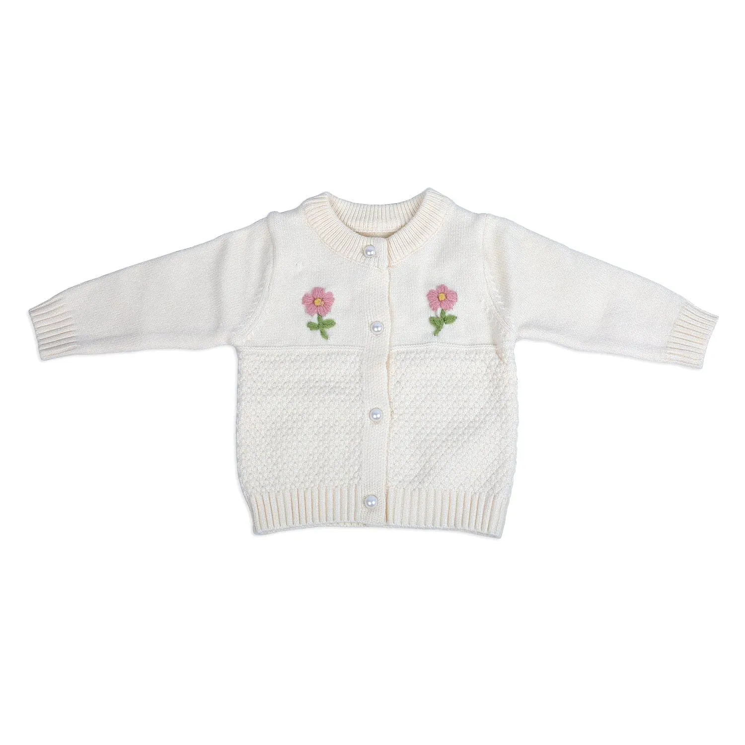 Floral Embroidery Premium Full Sleeves Knitted Sweater - Off White