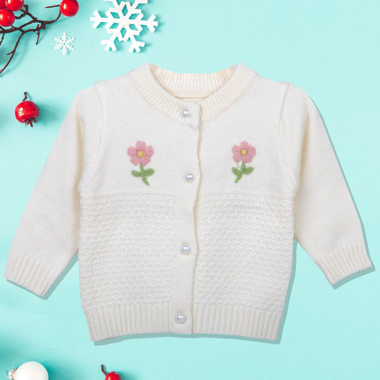 Floral Embroidery Premium Full Sleeves Knitted Sweater - Off White