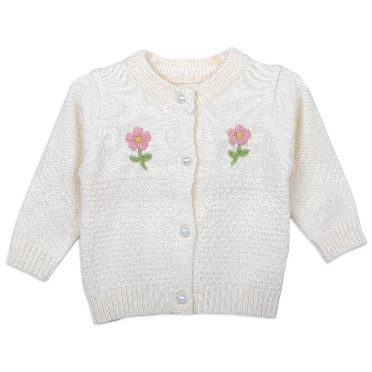 Floral Embroidery Premium Full Sleeves Knitted Sweater - Off White