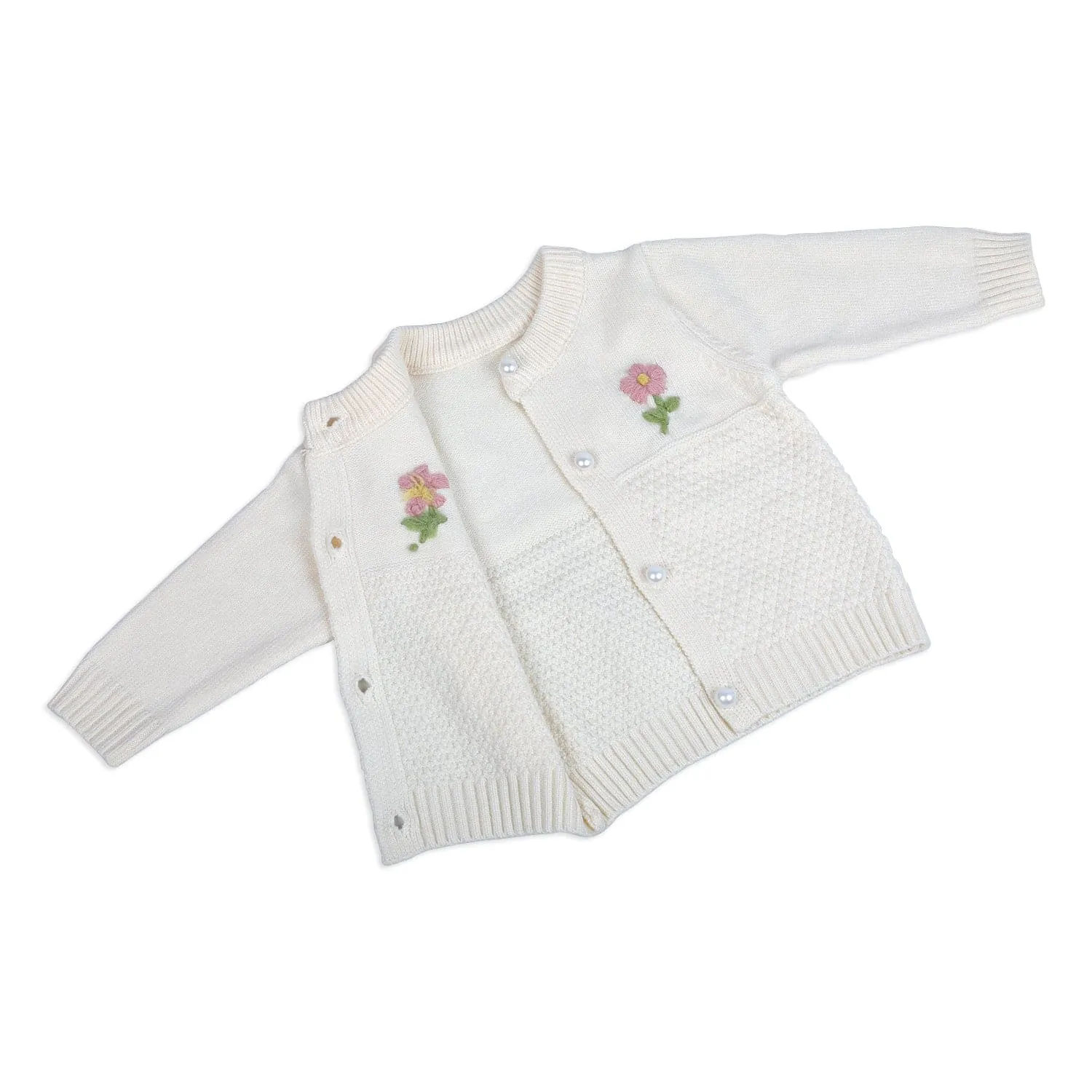 Floral Embroidery Premium Full Sleeves Knitted Sweater - Off White