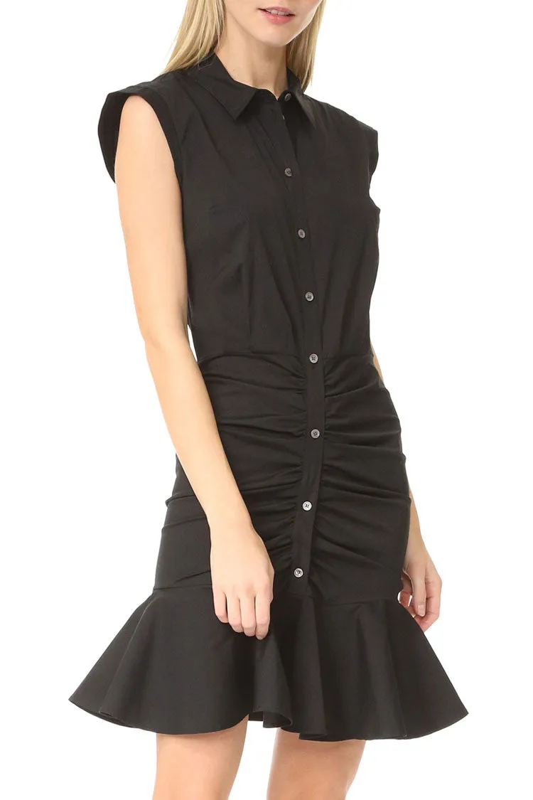 Flowy Fishtail Button Up Sleeveless Ruched Shirt Mini Dress - Black