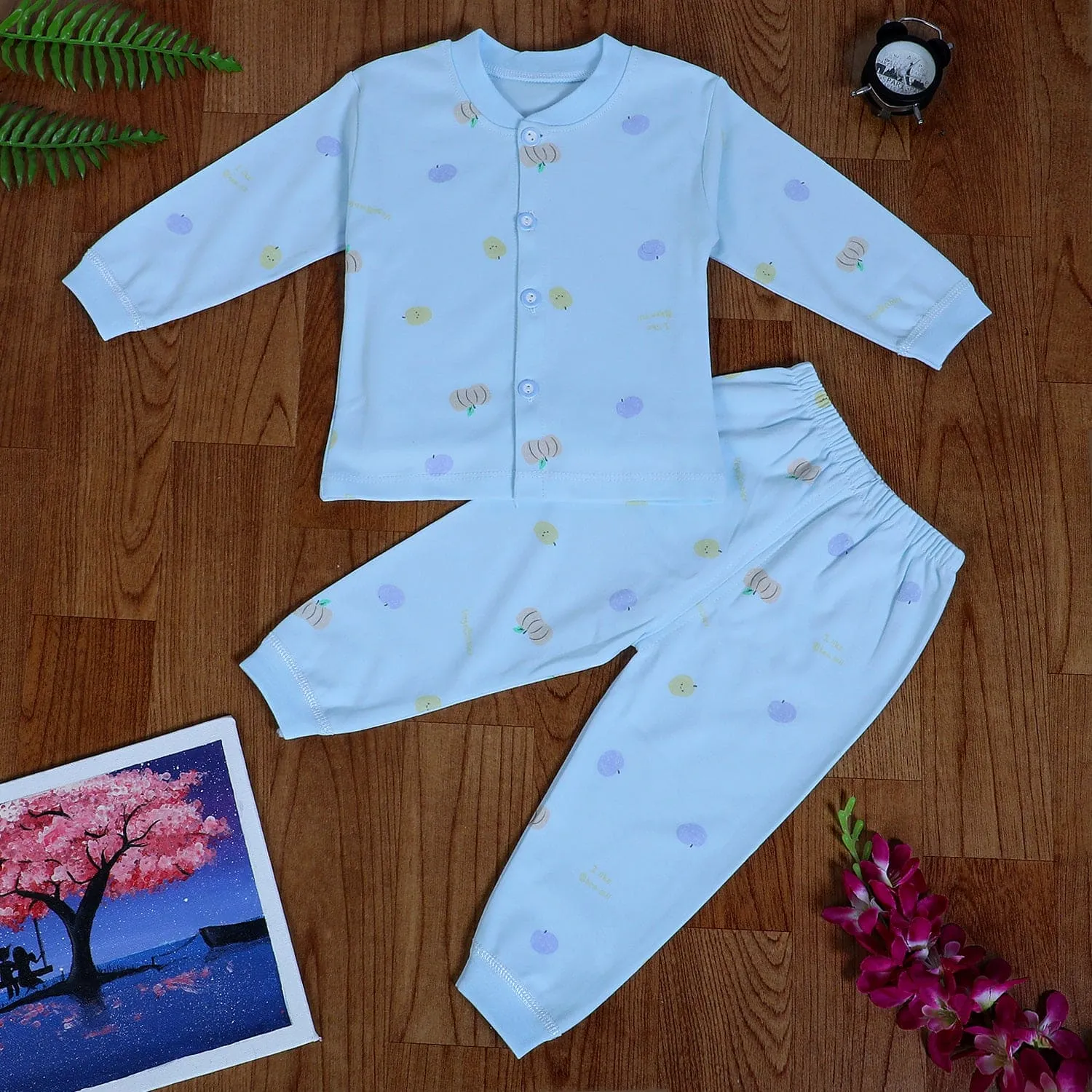 Fruitilicious Full Sleeves 2 Piece Buttoned Pyjama Set Night Suit - Blue