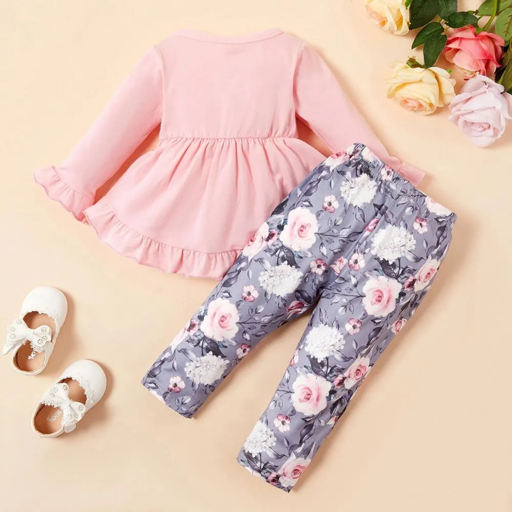 Girls Solid Top & Flower Print Design Pants